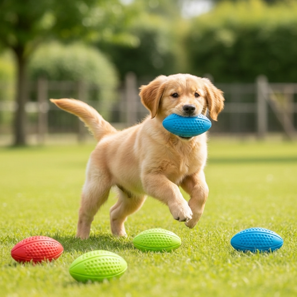 Happy puppy with rugby ball